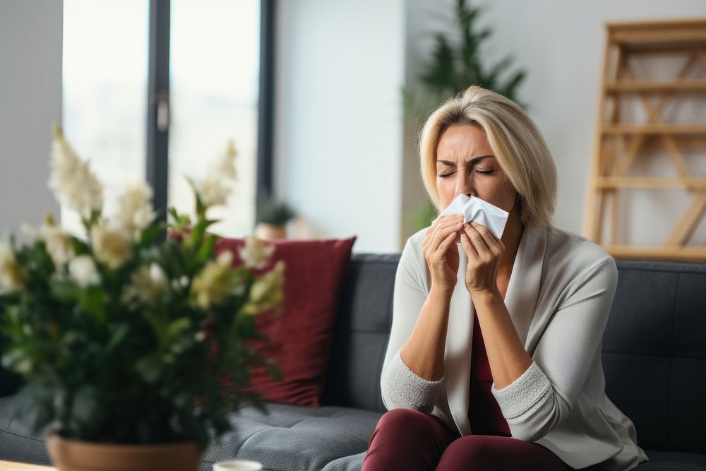 Allergies sitting adult woman. AI generated Image by rawpixel.