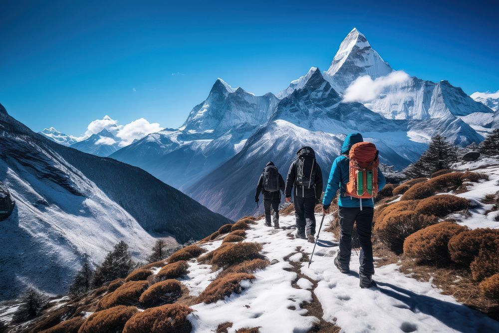 Backpacking mountaineering togetherness exploration. AI generated Image by rawpixel.