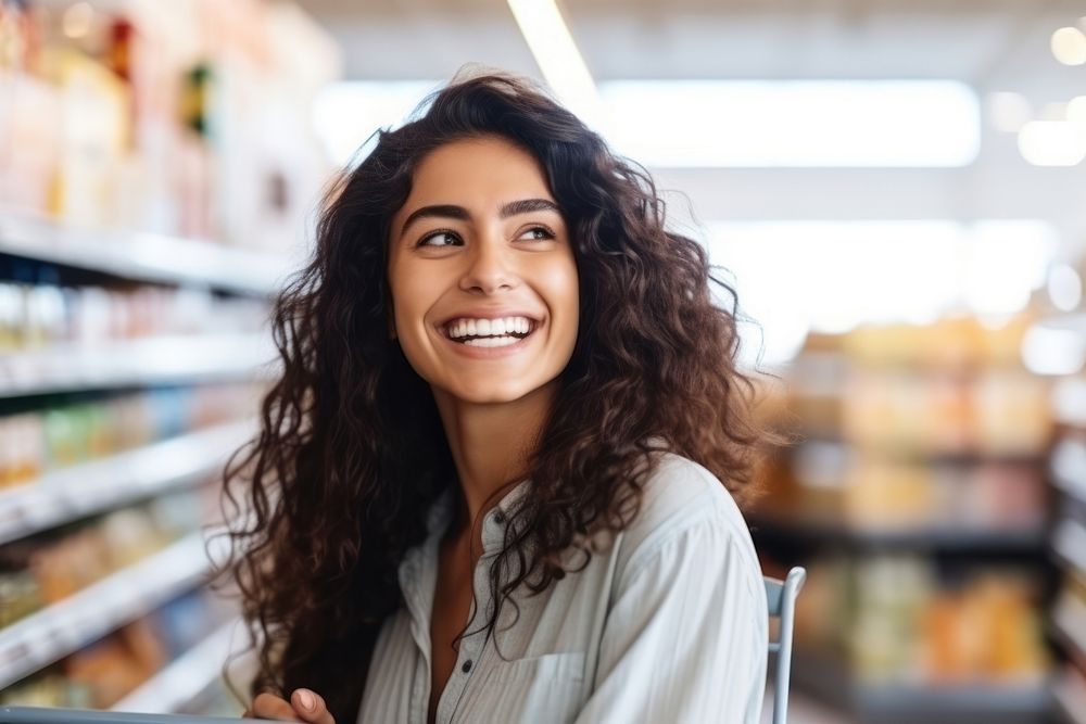 Latina brazilian woman supermarket shopping smile. AI generated Image by rawpixel.