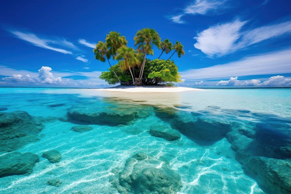 Exotic island landscape ocean beach sea. AI generated Image by rawpixel.