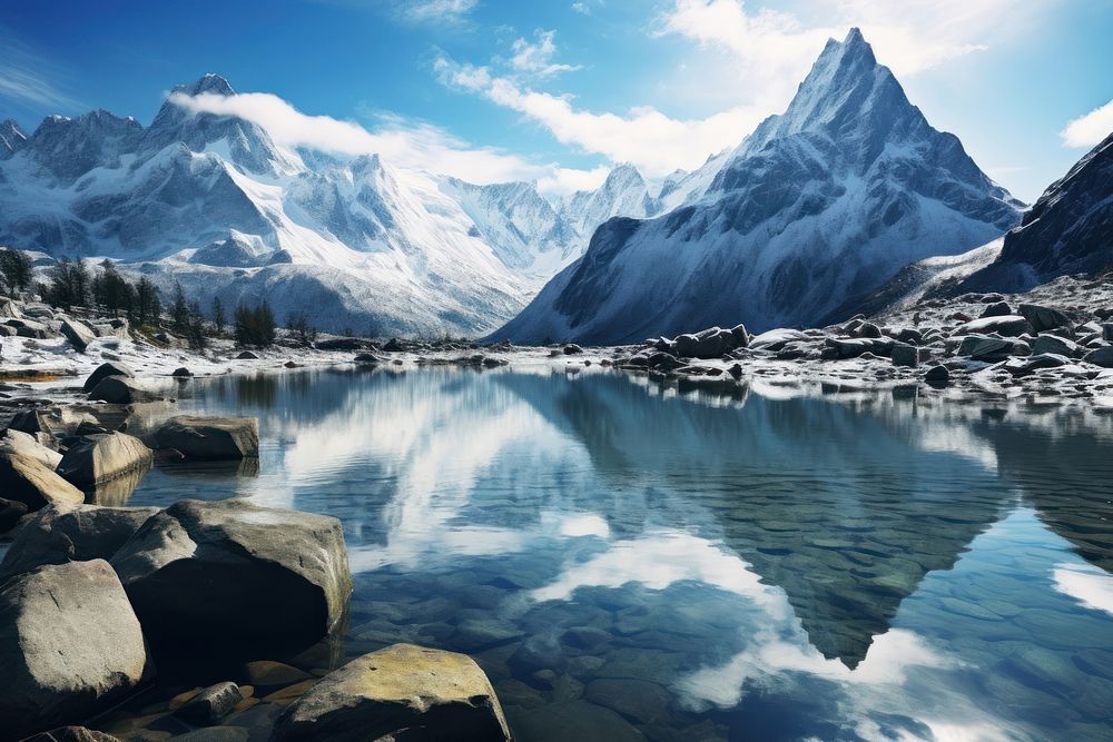 Landscape mountain snow lake. AI generated Image by rawpixel.