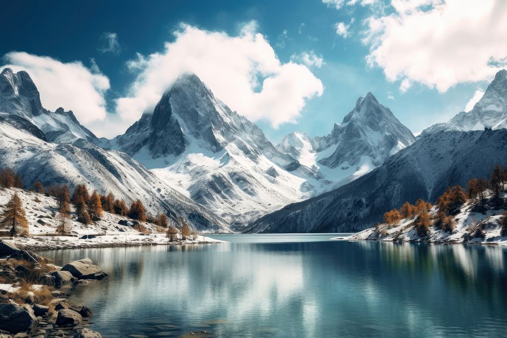 Landscape mountain snow lake. AI generated Image by rawpixel.