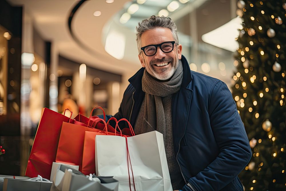 Smiley Caucasian woman bag christmas shopping. AI generated Image by rawpixel.