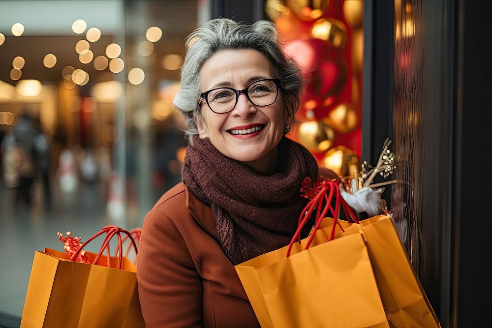 Smiley Caucasian woman shopping bag christmas. AI generated Image by rawpixel.