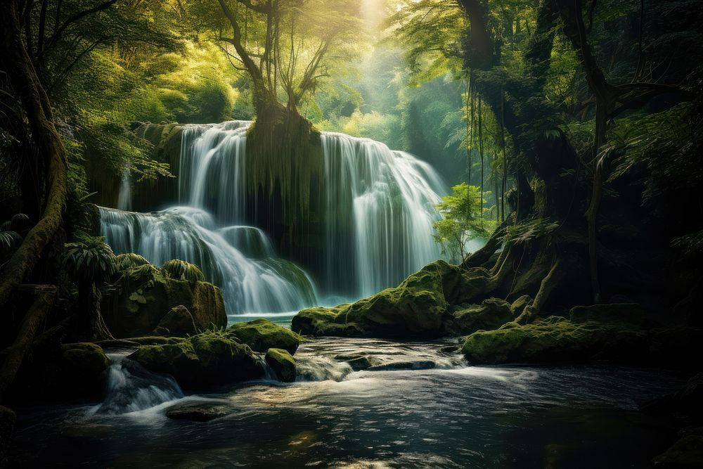 Beautiful waterfall landscape vegetation outdoors woodland. AI generated Image by rawpixel.