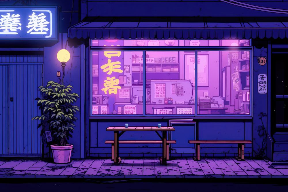 A japanese night cafe lighting purple table. AI generated Image by rawpixel.