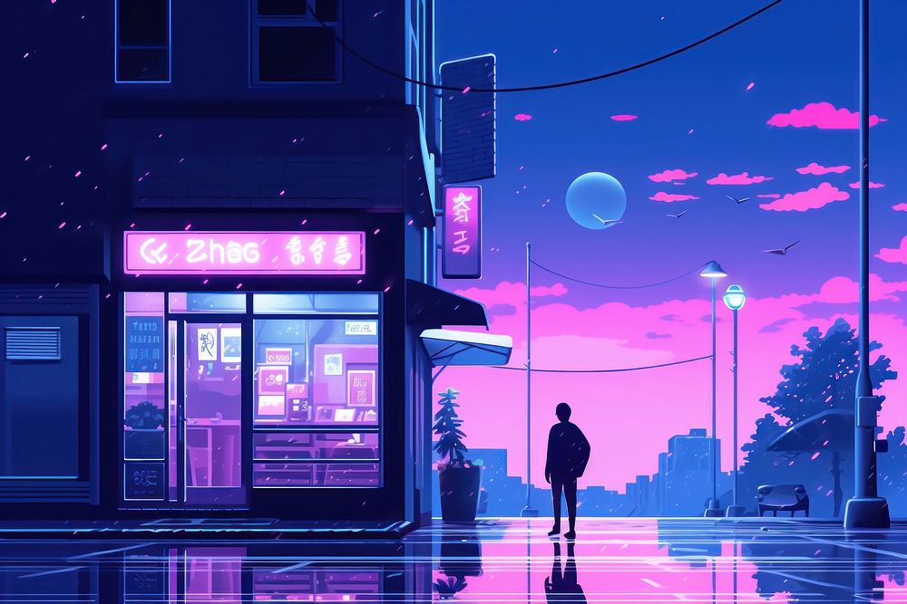 A japanese night cafe purple city light. AI generated Image by rawpixel.