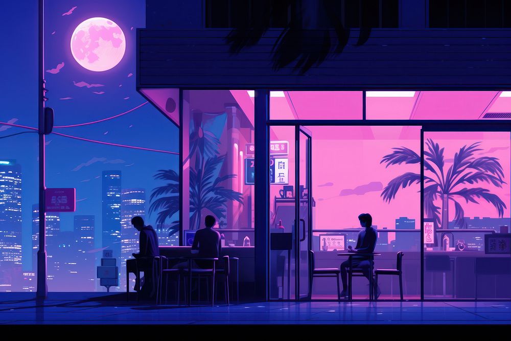 A japanese night cafe city purple architecture. AI generated Image by rawpixel.
