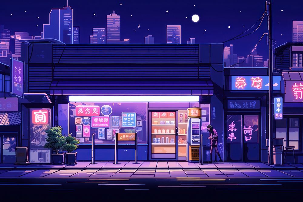 A japanese grocery store city lighting street. AI generated Image by rawpixel.