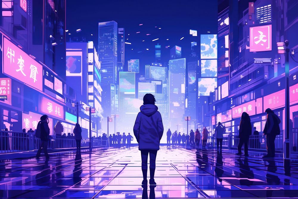A japanese urban walking city purple. AI generated Image by rawpixel.