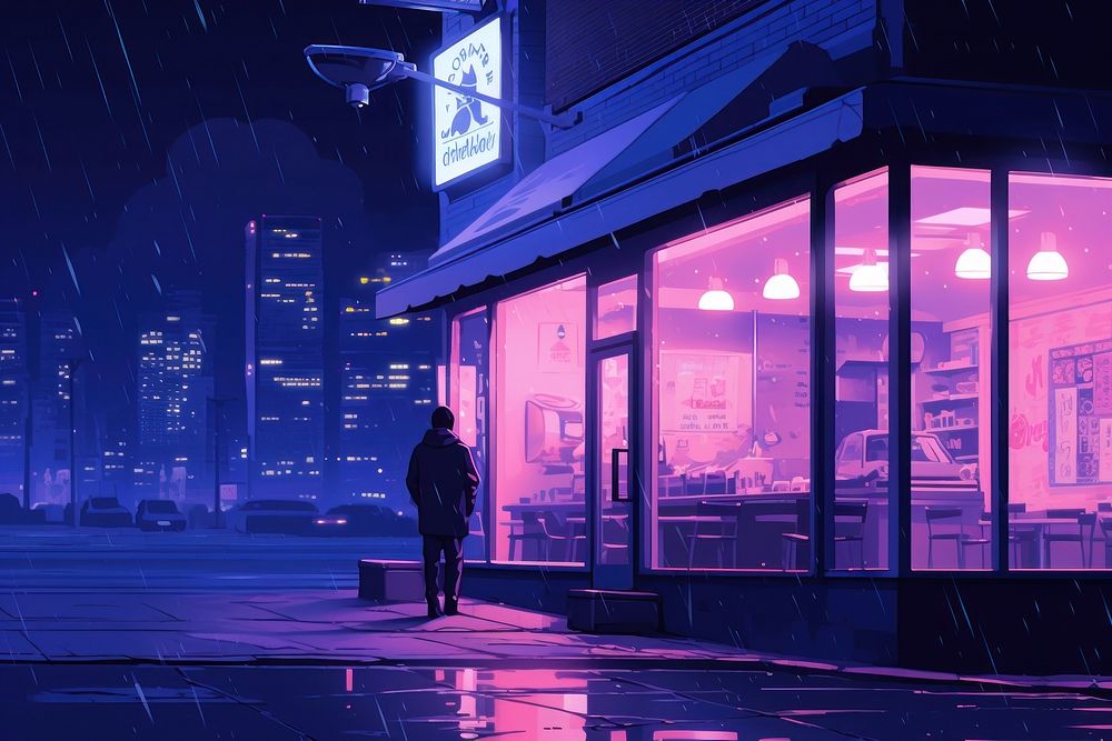 A japanese night cafe city rain neon. AI generated Image by rawpixel.