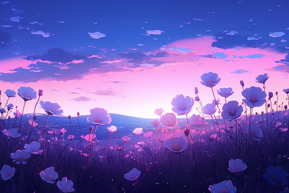 A flower feild purple landscape outdoors. AI generated Image by rawpixel.