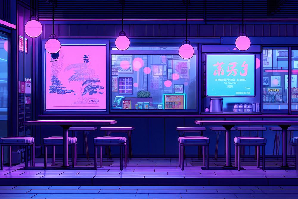 A japanese night cafe chair neon bar. AI generated Image by rawpixel.