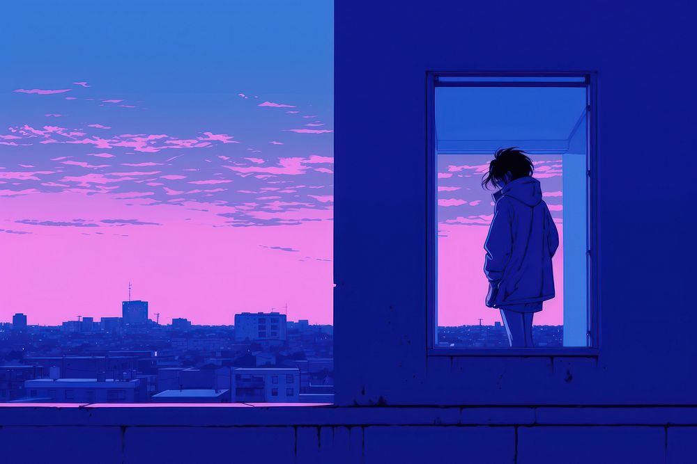 A girl smoking near window purple adult blue. AI generated Image by rawpixel.