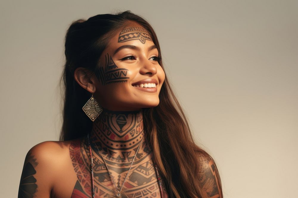 Young indigenous woman tattoo portrait smiling. AI generated Image by rawpixel.