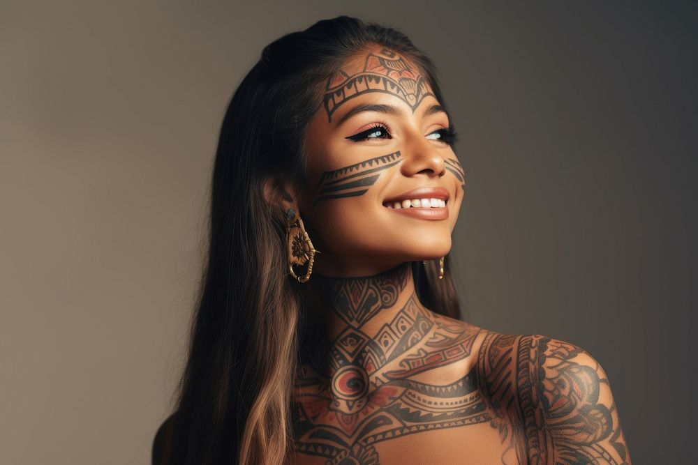 Indigenous woman is smiling and her tattoos portrait smile skin. AI generated Image by rawpixel.