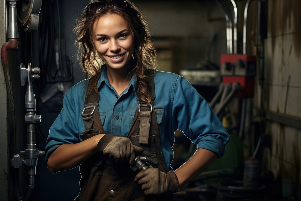 Female plumber smiling accessories protection. AI generated Image by rawpixel.