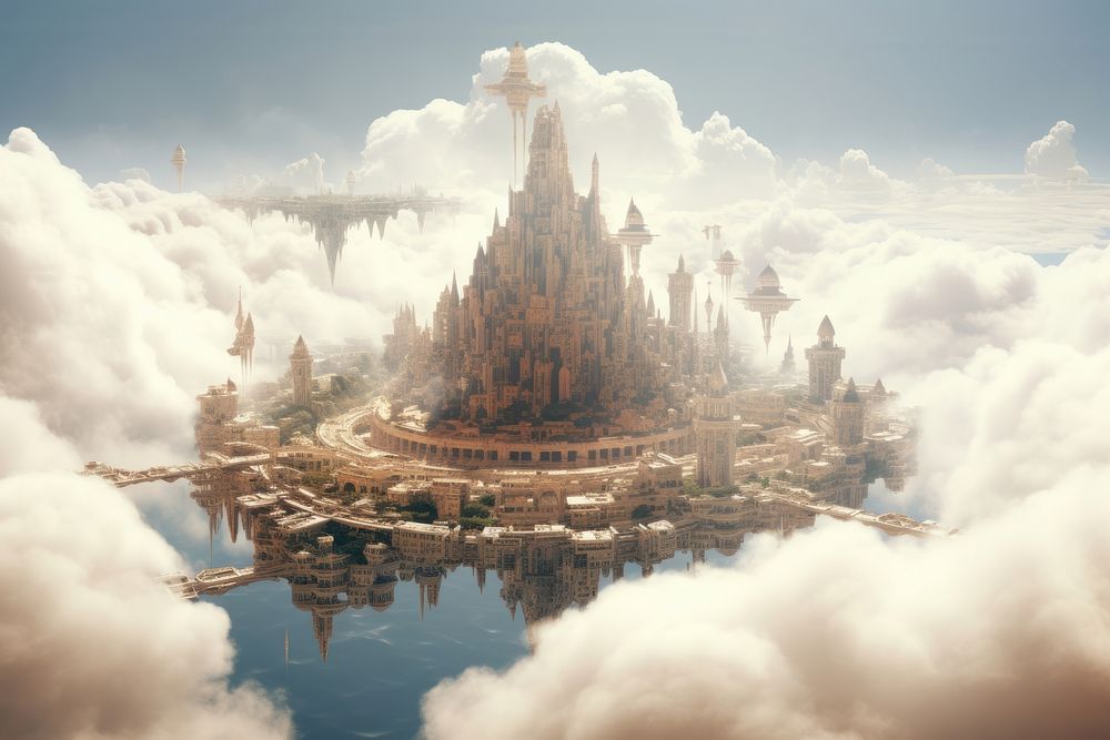 Floating city architecture landscape building. AI generated Image by rawpixel.