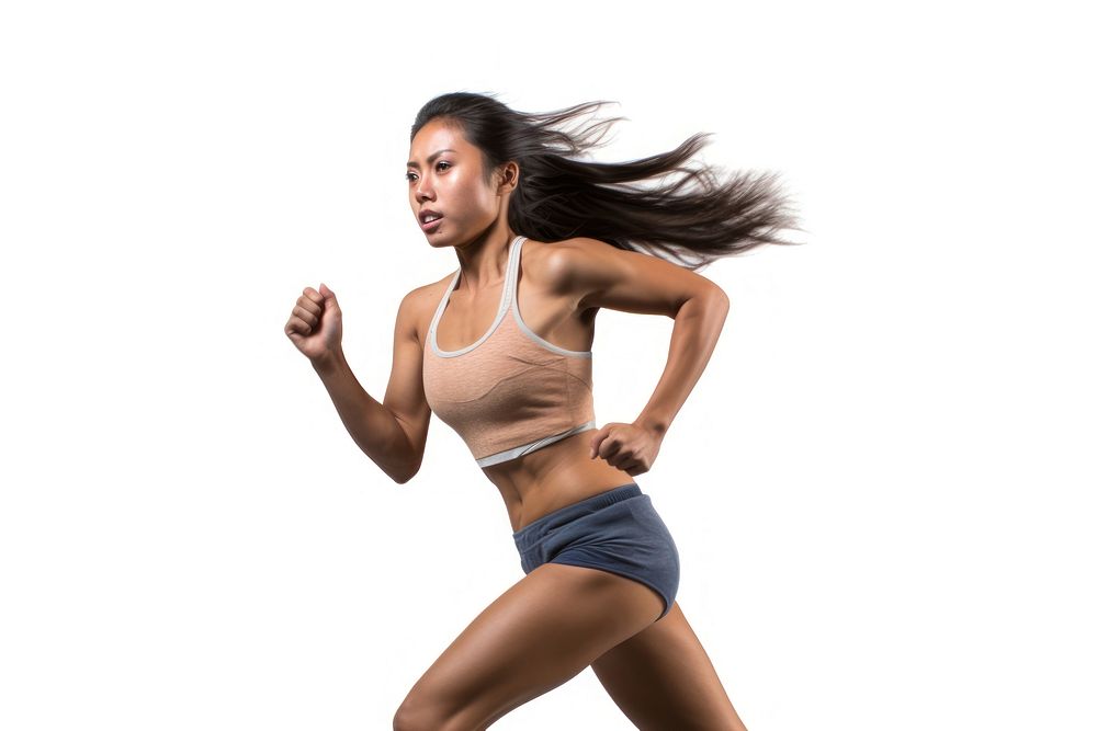 Running asian woman jogging adult white background. AI generated Image by rawpixel.