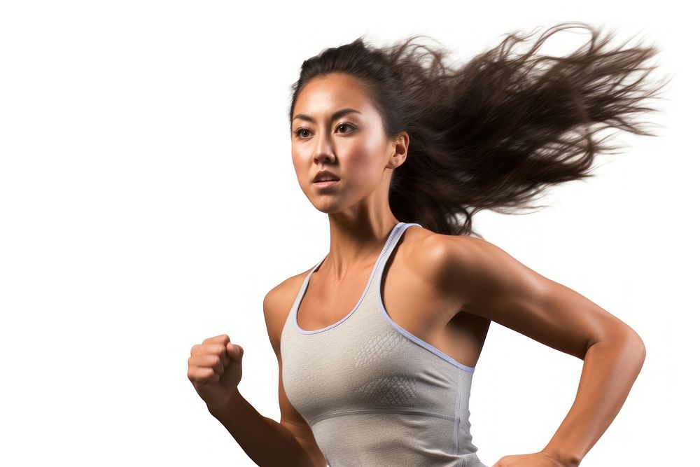 Running asian woman adult white background determination. AI generated Image by rawpixel.