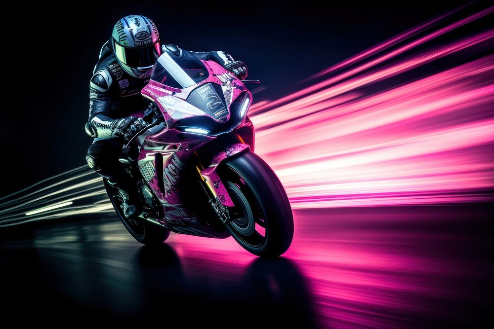 Motogp rider speeding through dark road motorcycle vehicle helmet. AI generated Image by rawpixel.