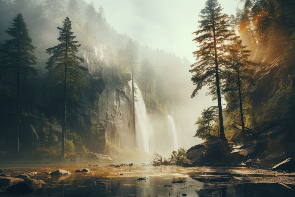 Beautiful waterfall landscape outdoors nature forest. AI generated Image by rawpixel.