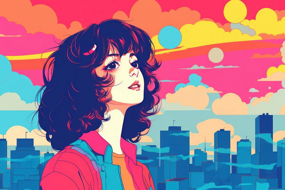 A woman adult anime city. AI generated Image by rawpixel.
