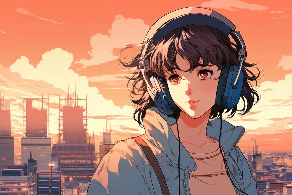 Anime headphones listening portrait. AI generated Image by rawpixel.