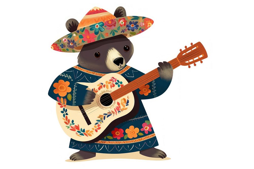 Bear playing a guitar sombrero representation performance. AI generated Image by rawpixel.