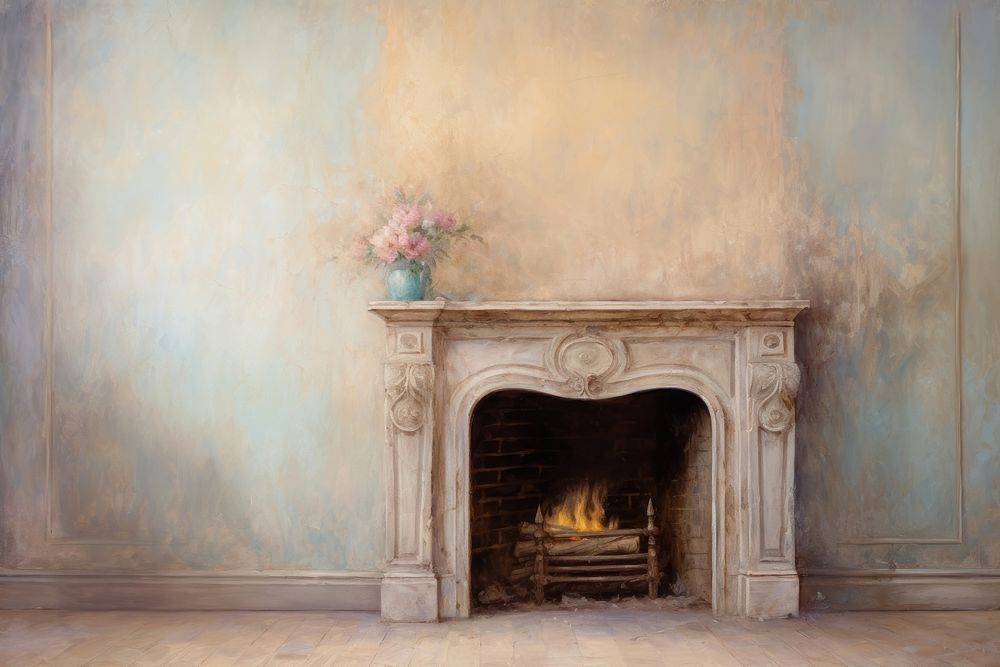 A fireplace painting hearth old. 