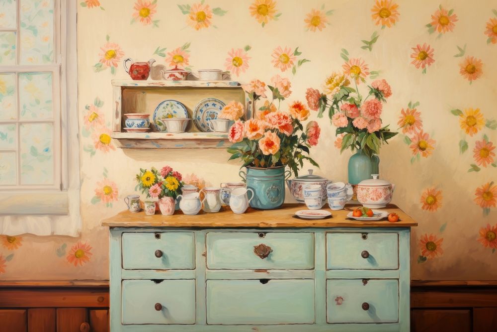 A kitchen furniture painting flower. AI generated Image by rawpixel.