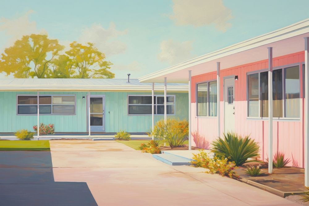 Modern motel architecture building painting. AI generated Image by rawpixel.