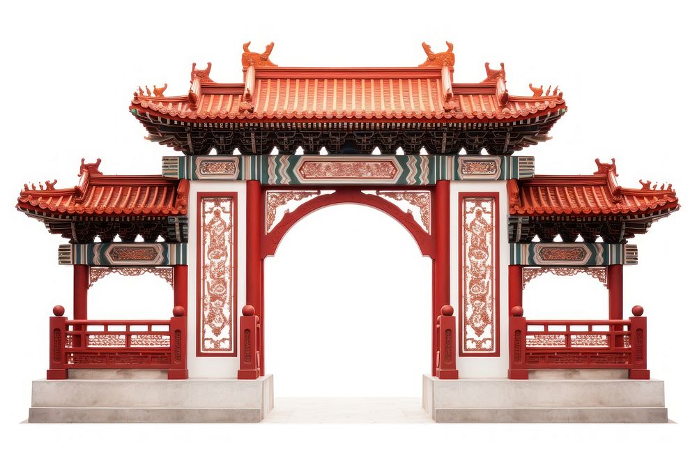 Red Chinese gate architecture building white background. AI generated Image by rawpixel.