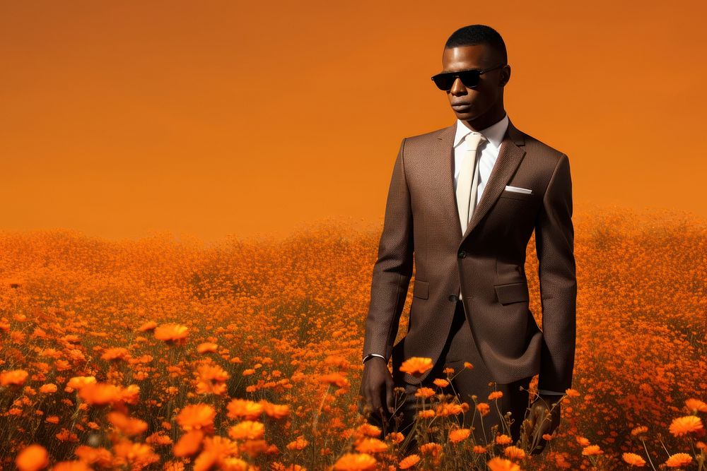 Fashionable Half African American Black Man Model flower field portrait. AI generated Image by rawpixel.