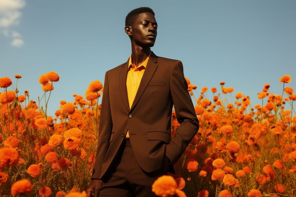 Fashionable Half African American Black Man Model flower field outdoors. AI generated Image by rawpixel.