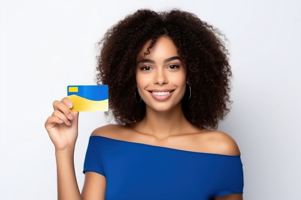 Woman holding credit card standing smile white background hairstyle. AI generated Image by rawpixel.