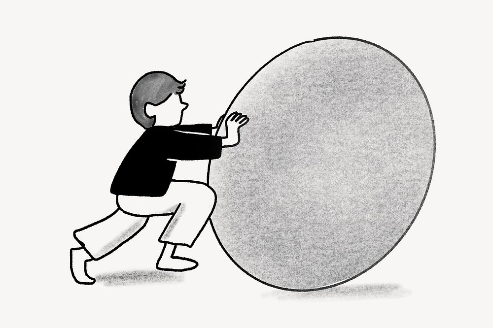 Man pushing obstacle, mental health, doodle illustration