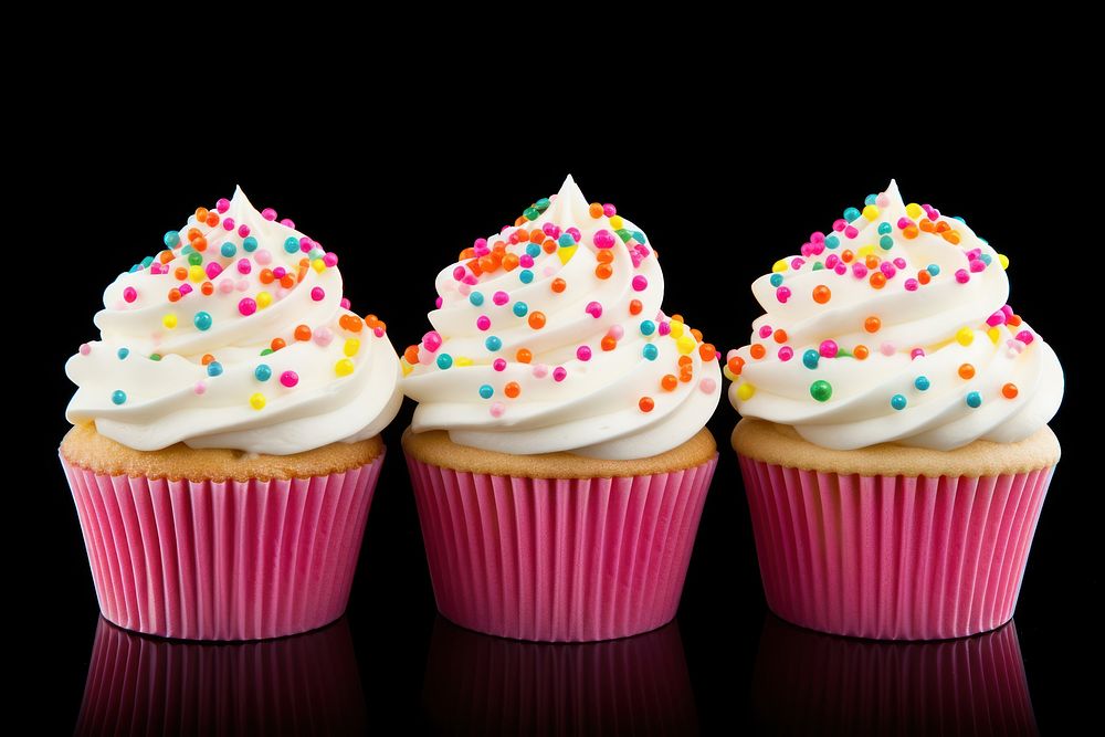 3 cupcakes dessert icing cream. AI generated Image by rawpixel.