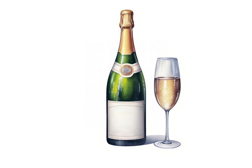 1 champagne bottle watercolor glass drink wine. AI generated Image by rawpixel.