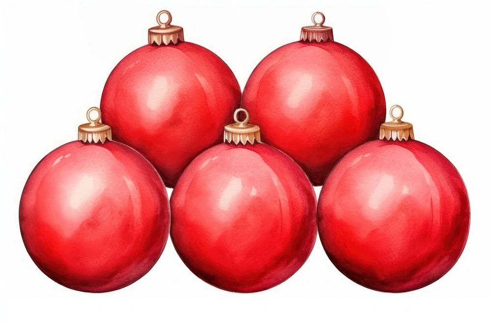4 red christmas balls pile watercolor plant white background celebration. AI generated Image by rawpixel.