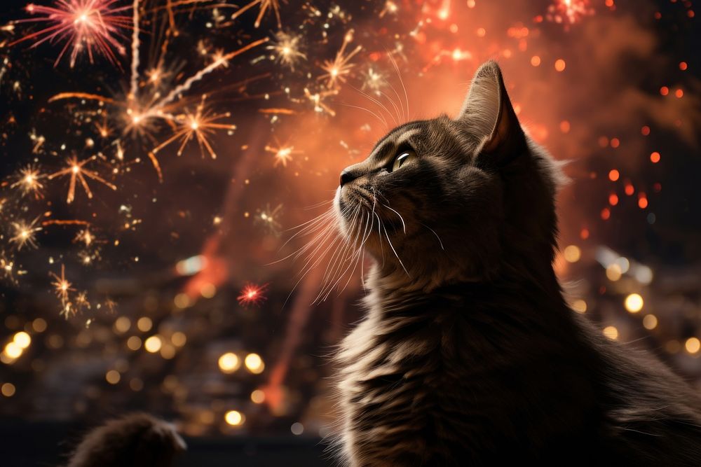 Cat looking fireworks outdoors mammal. AI generated Image by rawpixel.