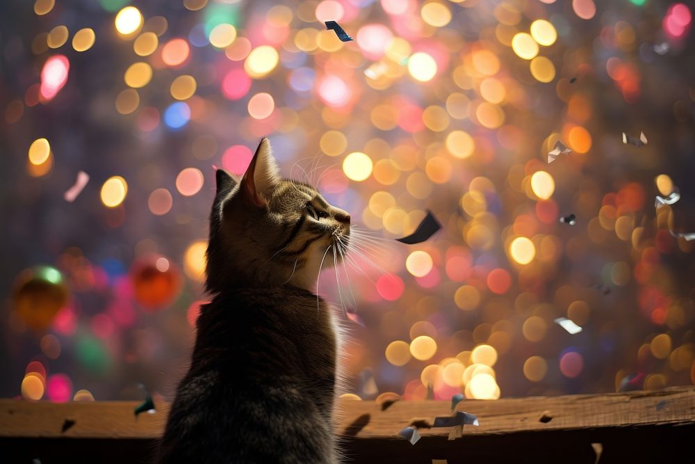Cat looking confetti animal mammal. AI generated Image by rawpixel.