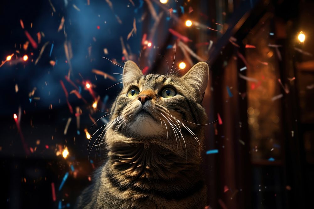 Cat looking fireworks portrait animal. AI generated Image by rawpixel.