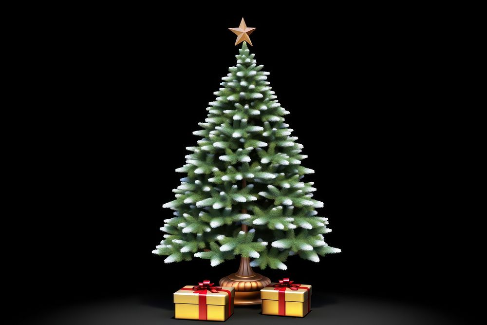 Christmas tree 3d cartoon snowy plant black background illuminated. AI generated Image by rawpixel.