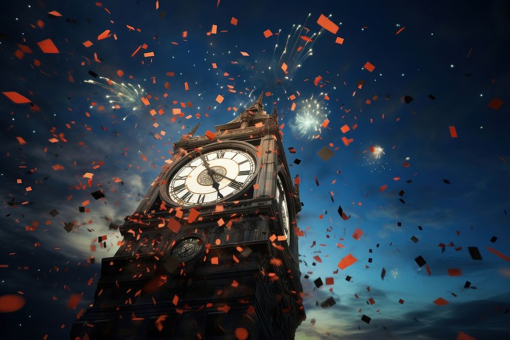 Celebration fireworks confetti clock. AI generated Image by rawpixel.