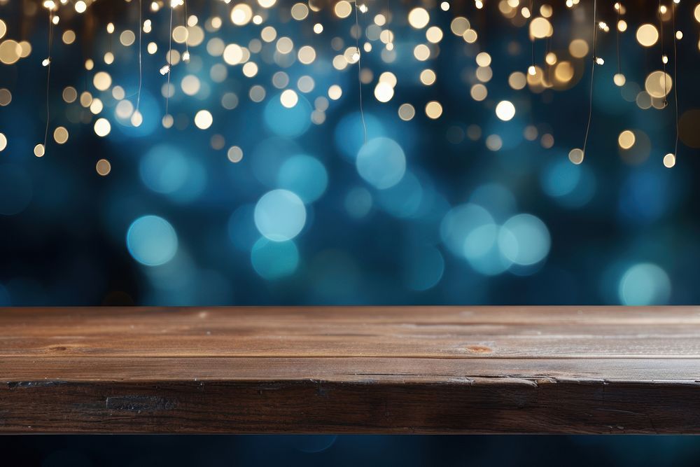 Bokeh blue background table wood backgrounds. AI generated Image by rawpixel.
