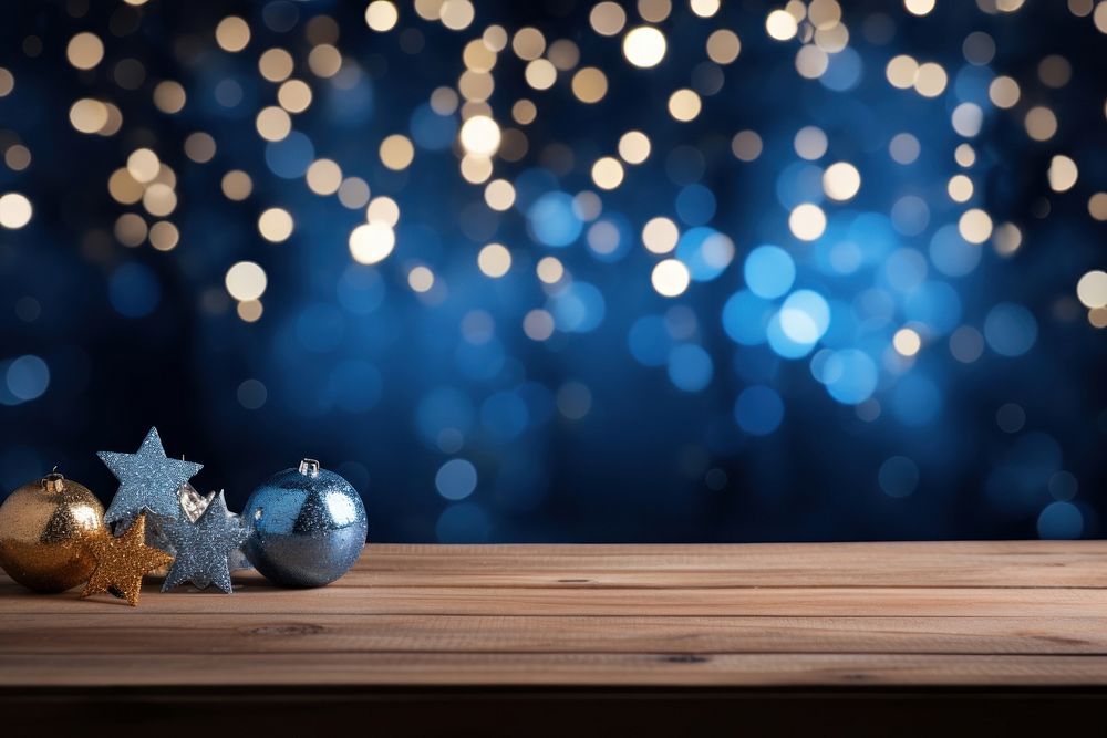 Bokeh blue background christmas table wood. AI generated Image by rawpixel.