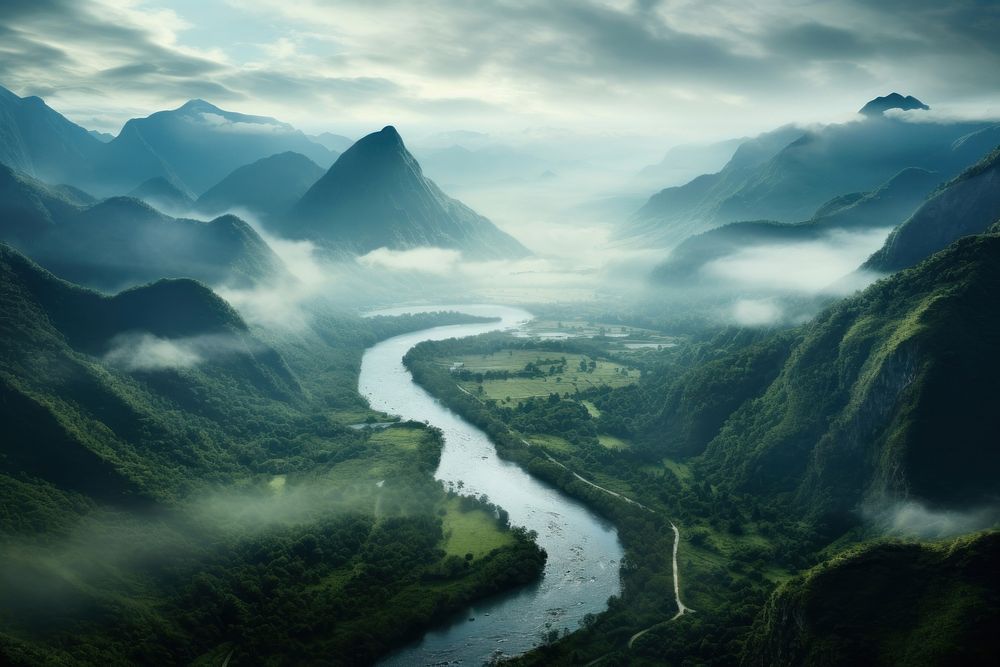 River mountain outdoors nature. AI generated Image by rawpixel.