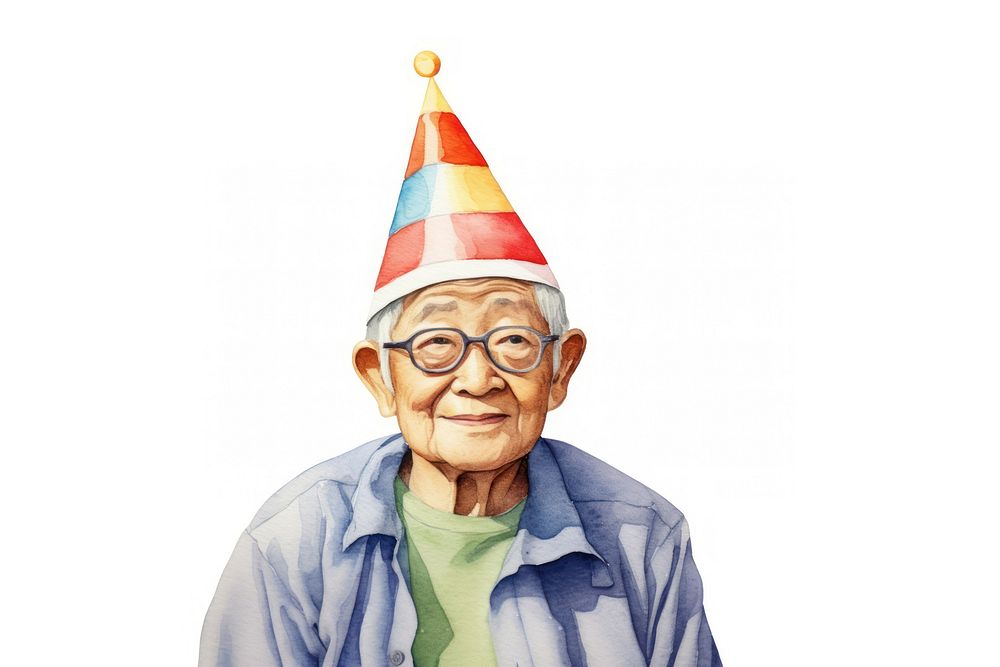 Asian grandma wearing party hat watercolor portrait adult white background. AI generated Image by rawpixel.