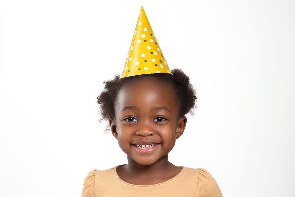 Brown little girl wearing party hat portrait child photo. AI generated Image by rawpixel.